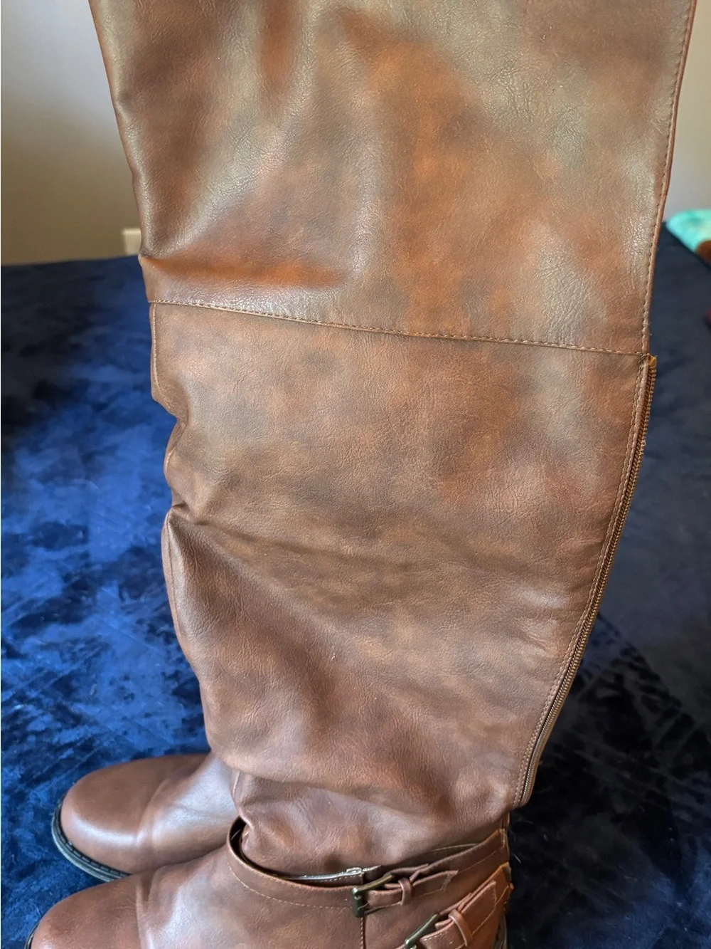 Women's Tall Wide Calf Brown Riding Boots with Buckle Detail